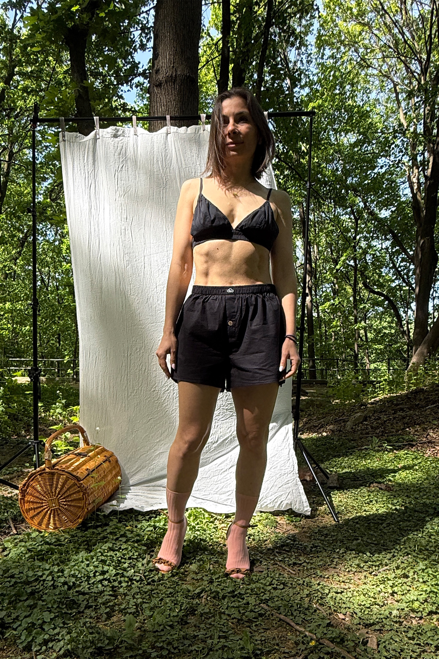 Shorts and bra in the woods
